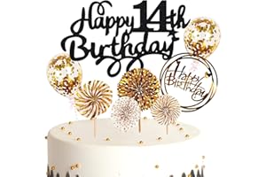 Cymeosh Tortendeko 14. Geburtstag Mädchen Jungen, Kuchen Topper Happy 14th Birthday Schwarz Gold, Glitzer Kuchen Deko Geburtstag Ballon Konfetti für Geburtstagstorte Deko 14 Jahre Kinder