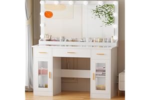 BEWISHOME Grande Toletta da Trucco con Specchio e Luce LED Regolabile a 3 Colori, Tavolo da Trucco con Piano in Vetro e 3 Cassetti, Moderna Toeletta Trucco Bianca, per Camera da Letto EFST35W