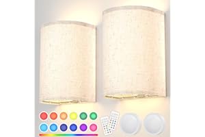 HURYEE Wall Lights Set of 2,Battery Operated Wall Lights Fabric Wall Sconce Rechargeable Wall Lights with Remote,LED Wall Lamps in RGB+Warm White,Dimmable Timer for Bedroom and Living Room Lighting