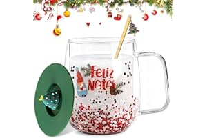 SaiXuan Tazza di Natale Doppia Parete in Vetro Borosilicato con Coperchio ad Albero e Cucchiaio Dorato – Bicchiere Natalizio Trasparente con Glitter, Idea Regalo Donna per caffè, Latte o tè