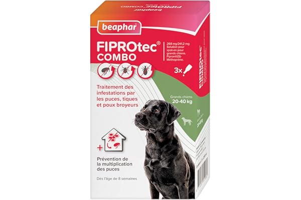 Beaphar – FIPROTEC Combo Solution Spot-on pour Grands Chiens (20-40 kg) au Fipronil + (S)-Méthoprène dosés à 268 mg/241,2 MG – Agit Contre puces, tiques et poux broyeurs – 3 pipettes de 2,68 ML
