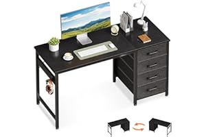 ODK Scrivania con 4 Cassetti in Tessuto, 120x48cm Tavolo per Computer con Gancio per Cuffie, Scrivania Ufficio Reversibile per Uffici e Postazioni di Lavoro, Nero