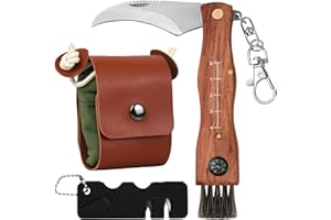 Amexo Coltello per Funghi, Portatile Coltello da Funghi con Spazzola, Acciaio Inox Coltellino Funghi con Sacco di Raccolta, Coltellino Funghi Richiudibile con Bussola per la Raccolta dei Funghi,Verde