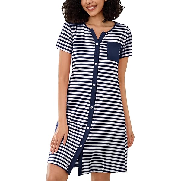 Camicia Da Notte Donna Lovasy - Manica Corta, Righe, Bottoni Frontali, Cotone, Con Tasche, Taglie S-XXL