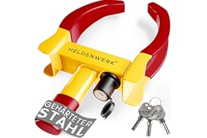 HELDENWERK Parkkralle Radkralle mit Hochsicherheitsschloss & 3 Schlüsseln - für Anhänger, Wohnmobil, Wohnwagen, Auto - PKW Reifenkralle, Autokralle, Rad-Kralle für 18-30cm Reifenbreite (Gelb/Rot)
