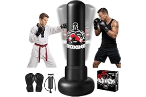 Oziral Sac de Frappe autoportant pour Adultes 180 cm Sac de Boxe Gonflable avec Support PVC épais Gants de Boxe Noirs et Pompe à air – Entraînement à Domicile pour MMA Muay Thai Kickboxing - 1
