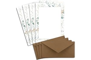 GLÜXX-AGENT 25 fogli di carta da lettere naturale A4 color crema con bordo a forma di rami di eucalipto e buste DL in carta kraft marrone naturale, stampabile per inviti di nozze