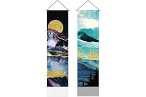 AHANDMAKER 2 Pcs Mountain Tapestry, Sun Moon Mountain River Tapestry Forest Tree Lake Tapestry Natural Landscape Tapestry Aesthetic Decor for Living Room and Bedroom(51.18x12.99 inch)