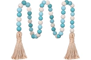 Meplait Wood Bead Garland, 39in Farmhouse Beads with Tassels Boho for Tiered Tray Decor (Blue & Natural)