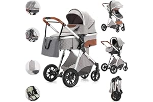 Kakbgee Kinderwagen 3 in 1, Buggy Mit Einem Klick Zusammenklappbarer, Tragbarer Kinderwagen Mit Autositz, Kombi Kinderwagen Mit Aluminiumrahmen für Neugeborene