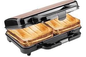 Bestron XL appareil croque monsieur, appareil à sandwich idéal pour les sandwichs américains (XL), pour deux sandwichs en forme de coquille, avec réglage automatique de la température,Couleur: Cuivre