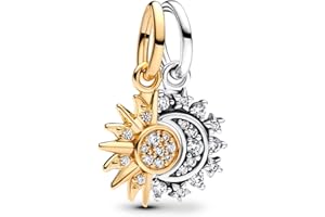 PANDORA Moments 763585C01 - Ciondolo a forma di sole e luna, in argento sterling con lega di metallo placcato oro e zirconi, compatibile con bracciali ME, Klar, Argento sterling, Zirconia cubica