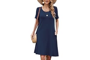 Bequemer Laden Damen Casual Sommer Tshirt Kleid Locker Rundhals Kurzarm Midi Kleider Knielang Elegant Sommerkleid Strandkleid mit Taschen