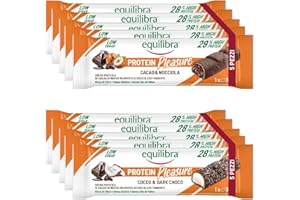 Equilibra Alimenti Proteici, Protein Pleasure, Barrette Proteiche Cocco & Dark Choco, Cacao & Nocciola, Low Sugar, High Protein, Senza Glutine, Senza Olio di Palma, 10 Barrette da 30 g
