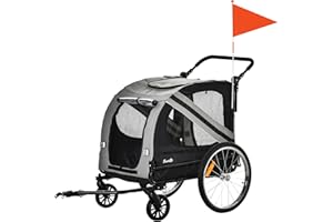PawHut Rimorchio Bici e Passeggino per Cani 2 in 1, Carrello Bici in Acciaio e Tessuto Oxford con Catarifrangenti e Bandierina