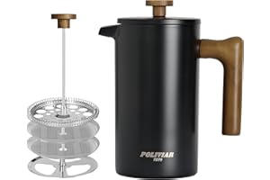 POLIVIAR 7379 POLIVIAR Cafetiere 8 Cup, French Press Coffee Maker with Wood Handle, Double Walled Insulated Cafetiere &1 Extra Filter, Insulated 1L French Press for Coffee & Tea, Includes 1 Extra Filter