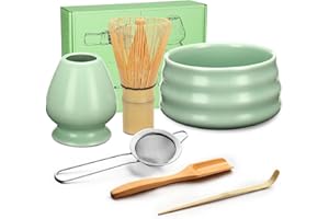 Geebuzz Matcha Whisk Set - Matcha Bowl and Bamboo Matcha Whisk, Scoop, Spoon, Sifter, Whisk Holder, 6pcs Perfect Matcha Starter Kit for Matcha Tea Ceremony (Green)