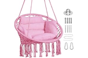 Goutime Hängemattenstuhl, Makramee-Hängeschaukel mit Kissen und Hardware-Set, Boho-Schaukeln für Erwachsene, für draußen, Terrasse, Balkon, Schlafzimmer, Rosa