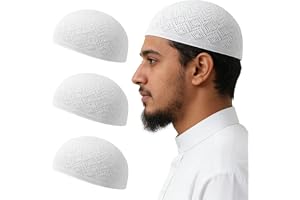 JYYWTSI Muslimsk Kufi-mössa för män 3 stycken, bönehatt av bomull, vit, huvudomkrets 55–59 cm, taqiyah Kufi-keps med punktfor