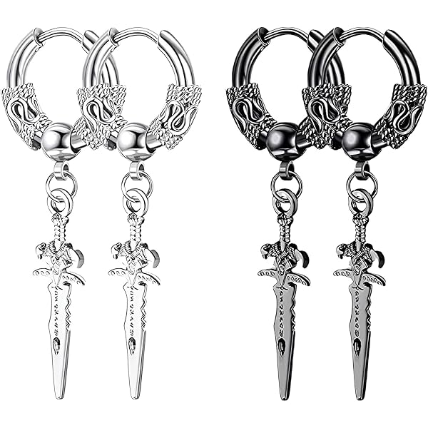 Boucles D'Oreilles Pendantes Épée Punk - Faux Piercing Acier Inoxydable Hypoallergénique - Style Gothique Pour Homme Et Femme