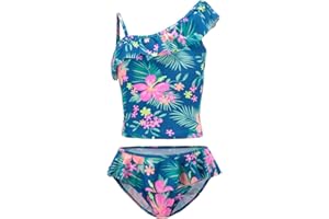 MOON TREE Girls Swimming Costume Two Piece Tankini Swimsuit Hawaiian Ruffle Swimwear