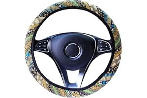 MIGIFTDY Pokrowiec na kierownicę samochodową, antypoślizgowy i pochłaniający pot, etniczny, gruby, lniany, dla kobiet, uniwersalny rozmiar (żółty mix i dopasowanie)