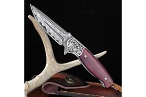 Purple Dragon Damast Couteau de poche pliant Couteau d'extérieur avec lame en acier damassé VG10,manche en bois,fourreau,boîte cadeau,couteau de chasse Idéal pour EDC,Survival,Cadeaux à collectionner