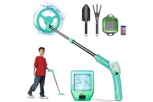 KOOEURU Metal Detector Bambini, Leggero Metal Detector per Bambini Asta Regolabile 66-83 cm con Display LCD e Indicazione SUONO, Bobina Di Ricerca Impermeabile, con Rastrello Pala Setaccio, per Principianti