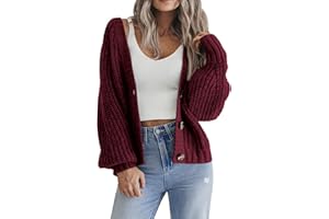 Hotouch Strickjacke Damen Kurz Strick Cardigan V-Ausschnitt Knopfleiste Open Front Sweater Elegant Casual Schulterjacke Top