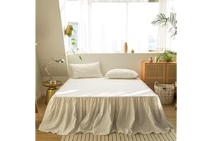 Simple&Opulence Extra Deep Fitted Valance Sheet, Linen and Cotton Blend Luxury Frilled Bed Valance Skirt, Easy Care and Hotel Quality (Ruffle White, Double135x190cm)