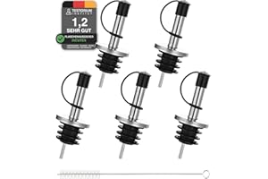 Incutex 5x Flaschenausgießer aus Edelstahl und 1x Reinigungsbürste, Freifluss-Ölstopp,Ausgießer mit Gummikappenverschluss für Flaschen, Öl Spirituosen Wein Likör Essig