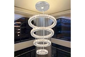 Finktonglan Lámpara de Araña LED de Cristal 4 Anillos, 67W, Altura Ajustable 30–120 cm, Acero Inoxidable con Cristal K9, Blanco Cálido 2700–3500K, para Comedor, Salón y Dormitorio