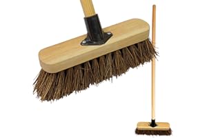 LS BRUSH 10” Outdoor Yard Broom with Wooden Handle Stiff Bassine Hard Bristle with Durable Support Bracket Garden Brush Heavy Duty Broom for Driveways, Sidewalks, Patios and Deck (PACK OF 1)