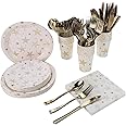 FIAHNG CONRADY 200 PCS Gold Star Disposable Party Dinnerware Set,25pcs Paper Plates, Dessert Plates, Paper Cups,Plastic Cutlery Set(Knives,Forks,Spoons) and 50pcs Napkins for Party Serves 25(Gold)