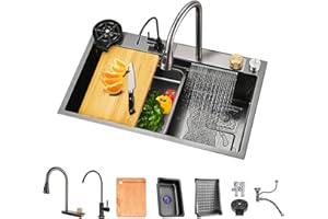 NOYHHAV Évier Cuisine 1 Bac Évier de cuisine en acier inoxydable Noir gris Pour laver les légumes et la vaisselle avec Jeu complet d'accessoires robinet à tirette cascade (85 * 45 * 22CM, Noir-Gris)