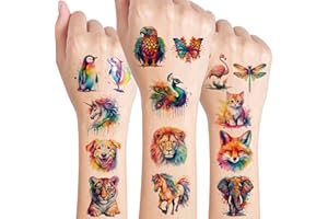 GSRAVES Animaux Tatouage Enfant, 10 Feuilles Animaux Aquarellés Autocollants Tatouages pour Filles et Garçons, Bras, Epaule, Cadeau D'nniversaire, Fournitures de Fête D'enfants