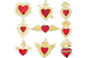 SUNNYCLUE 18 pièce 9 styles de Breloques en Forme de Cœur Doré en Vrac, Breloques en Alliage de Métal Émail Rouge, Cœur Gothique Occidental du Mexique avec Ailes, Breloque pour la Fabrication de Bijou