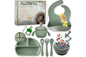 FlexiTot | Set prima pappa svezzamento – Cucchiaio silicone, bicchiere, contenitore frutta, piatto con ventosa, babero impermeabile, ciotola antiscivolo, accessori BLW | 6+ mesi | Verde |Senza BPA