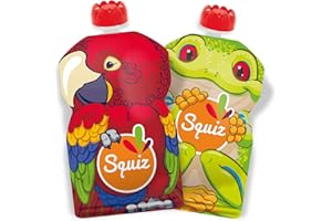 SQUIZ - ENTREPRISE FRANÇAISE - Pack de 2 Sacs Rechargeables et Réutilisables 130 ml Sans BPA - Pour Compotes, Purées et Smoothies - Pour Bébés Enfants et Adultes - Collection AMAZONIE - Fabrication