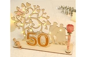ARTREE Holz Geldgeschenk 50 Jahre Ehe – Goldene Hochzeit Holz Deko mit Herzbaum & LED – Geschenkidee zum 50. Hochzeitstag