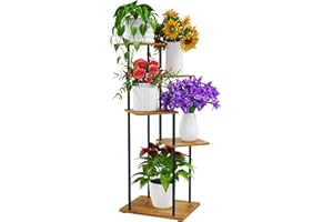 ALTORICO 5 Niveaux Support pour Plantes, 95 cm, Étagère pour Plantes en Métal Bois, Porte Plantes D'intérieur pour Plusieurs Plantes, Support Pot de Fleur le Balcon du Jardin, Salon, Bureau, Noir