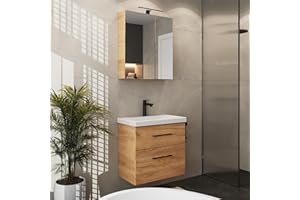 ‎PLANETMÖBEL Planetmöbel Badmöbel Set Waschtisch mit Unterschrank 63 x 60 x 36,5 cm, Spiegelschrank 60 cm mit LED-Leuchte (schwarz matt) & Steckdose, Moderne Badezimmer Möbel, Gold Eiche