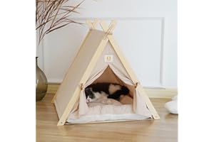 KHCY Cat Tent & Dog Tent, Wooden Triangular Pet House with Soft Cushion, Removable Door Flap, Cozy Indoor Shelter for Cats & Dogs 60×55×63 CM - Beige