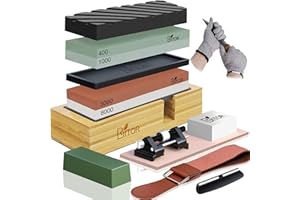 Knife Sharpening Stone, BRITOR Whetstone Includes 4 Side Grit 400/1000 3000/8000, Non-Slip Bamboo Base, Angle Guide, Polishing Compound, Leather Strop, Flattening Whetstone,Cut-Resistant Gloves