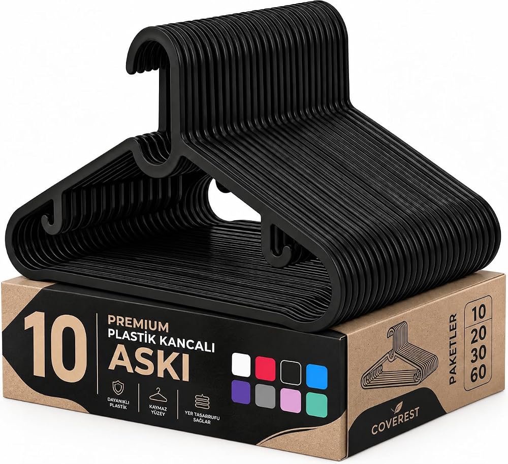 Coverest 10 Adet Slim Plastik Elbise Askısı, Gardrop İçin Alan Tasarruflu Pantolon Gömlek Ceket Etek Askısı, Kıyafet Askısı, 39.5 cm x 17.5 cm (10, SİYAH)