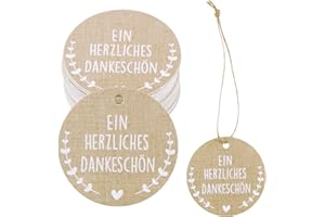 COLOFALLA 50 Stk Danke Anhänger Geschenkanhänger Hochzeit Etiketten Ein Herzliches Dankeschön Rund Vintage Gastgeschenke Kommunion Konfirmation Deko und Jute Schnur Papieranhänger zum Basteln Taufe
