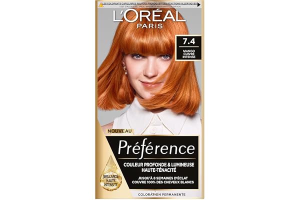 L’ORÉAL PARIS - Coloration Cheveux Permanente - Longue Durée & Lumineuse - Couvre 100% des Cheveux Blancs - Préférence - Nuance : Dublin Mango (7.4), Cuivré Intense