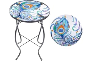 MUMTOP Outdoor Side Table - Small Outdoor Table, 14” Round Patio Side Table End Table, Peacock Feather Glass Plant Stand for Garden Patio Living Room (Blue)