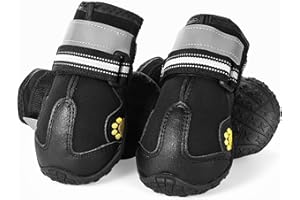 HonGien 4Pcs Pet Waterproof Shoes, Black Dog Boots Shoes for Medium and Large Dogs, Boots Paw Protectors for Dogs with Strong Non-Slip Soles and Reflective Strips (6#)
