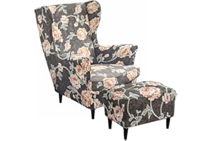 Highdi 2 Pezzi Copripoltrona con Orecchie e Copri Pouf Elasticizzato, Copridivano da 1 Posto con Fodera per Cuscino, Lavabile Rimovibile per Bar Soggiorno Camera da Letto (fiore d'arancio)